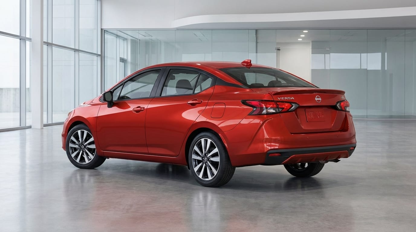 Nissan Versa 2024 - Vista trasera en showroom con etiqueta de precio visible