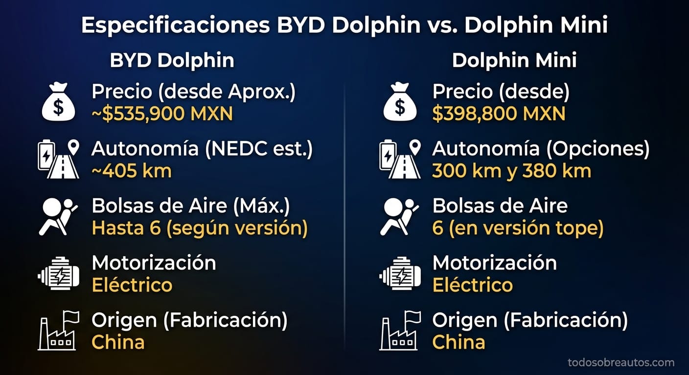 Especificaciones técnicas del BYD Dolphin vs. Dolphin Mini