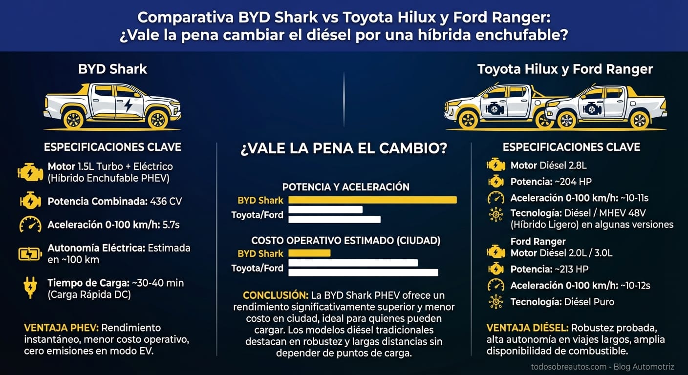 Especificaciones técnicas del BYD Shark vs Toyota Hilux y Ford Ranger