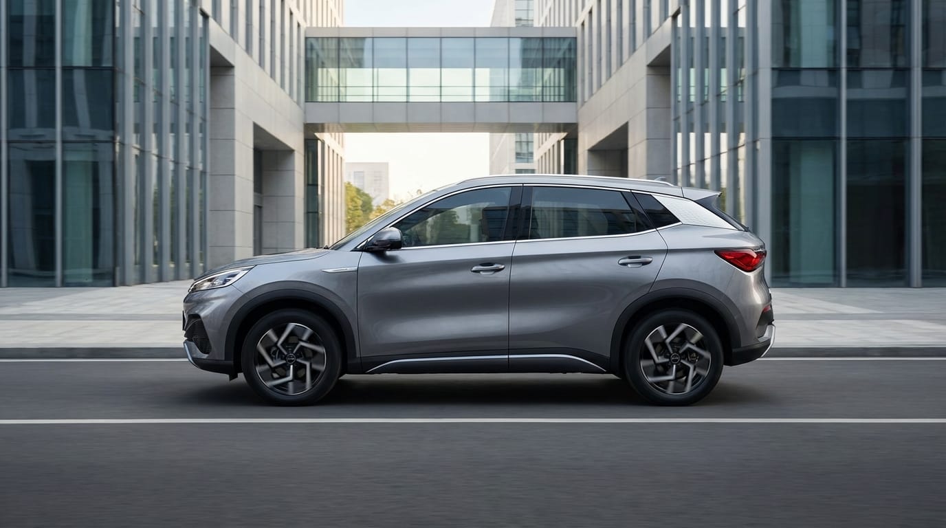 BYD Atto 3 - Perfil lateral en entorno urbano moderno