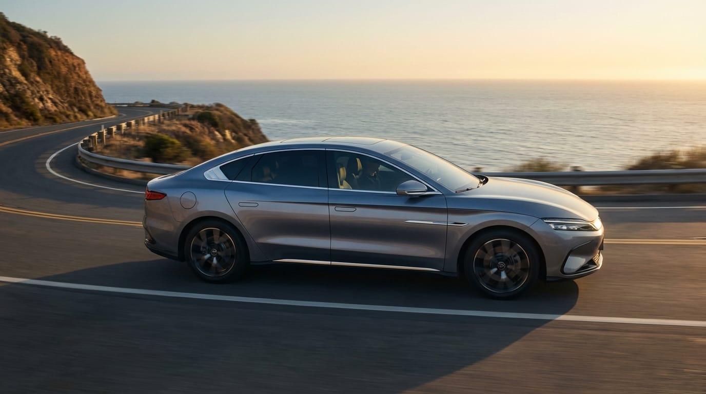 BYD Han EV - Vista lateral mostrando diseño aerodinámico en carretera costera