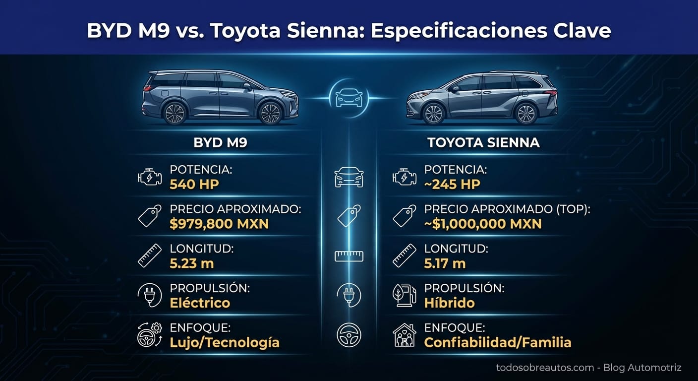 Infografía: BYD M9 vs. Toyota Sienna: Especificaciones Clave