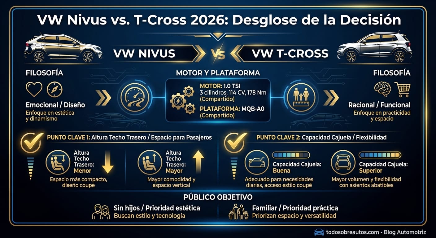 Infografía: VW Nivus vs. T-Cross 2026: Desglose de la Decisión