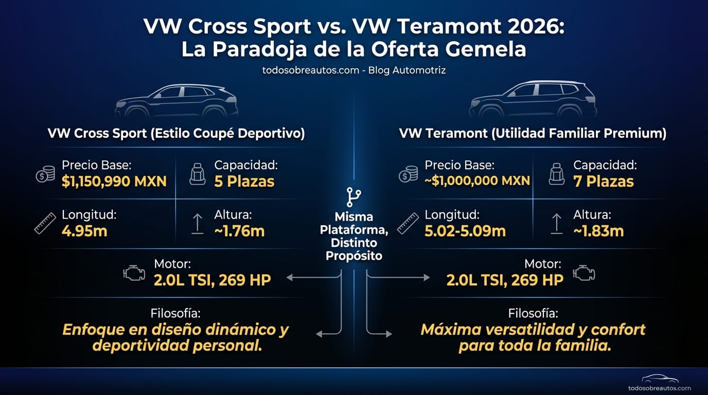 Infografía: VW Cross Sport vs. VW Teramont 2026: La Paradoja de la Oferta Gemela