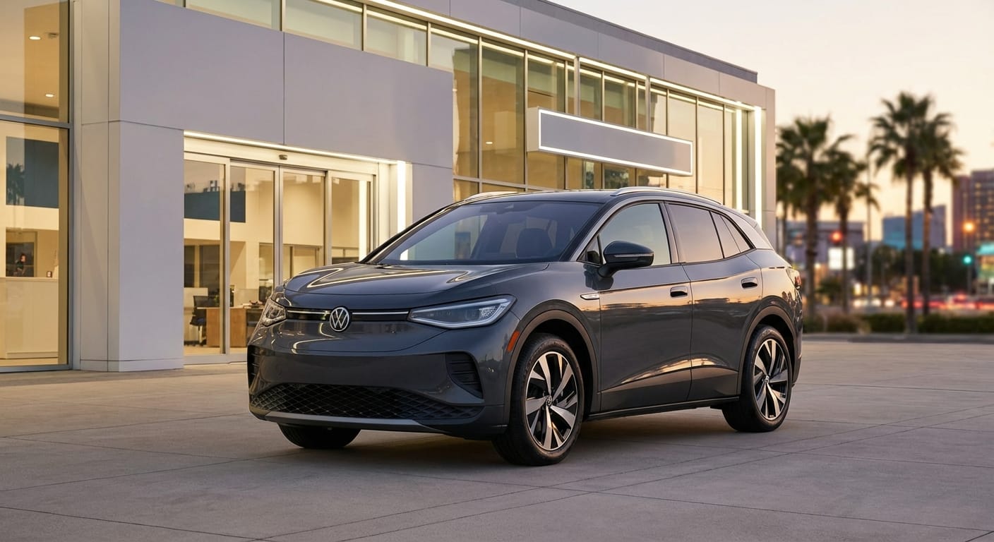 Volkswagen ID.4 frente a un centro de servicio oficial Volkswagen en México, destacando la ventaja de su red de soporte y garantía.