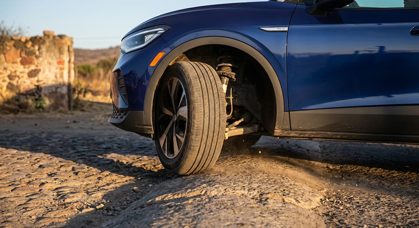 Detalle de la suspensión del Volkswagen ID.4 absorbiendo las irregularidades de un pavimento mexicano, resaltando su confort de marcha.