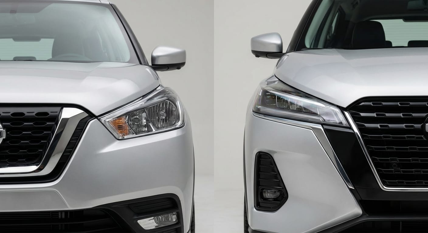 Comparación visual frontal entre el Nissan Kicks Play 2026 (primera generación) y el nuevo Nissan Kicks de segunda generación.