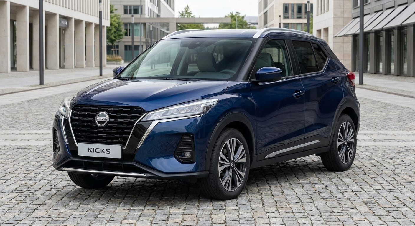 Frente del Nissan Kicks 2026 con su nueva parrilla V-Motion y faros LED