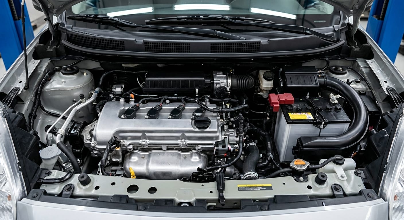 Motor 1.6L de 4 cilindros del Nissan March 2026, mostrando su simplicidad mecánica y robustez.