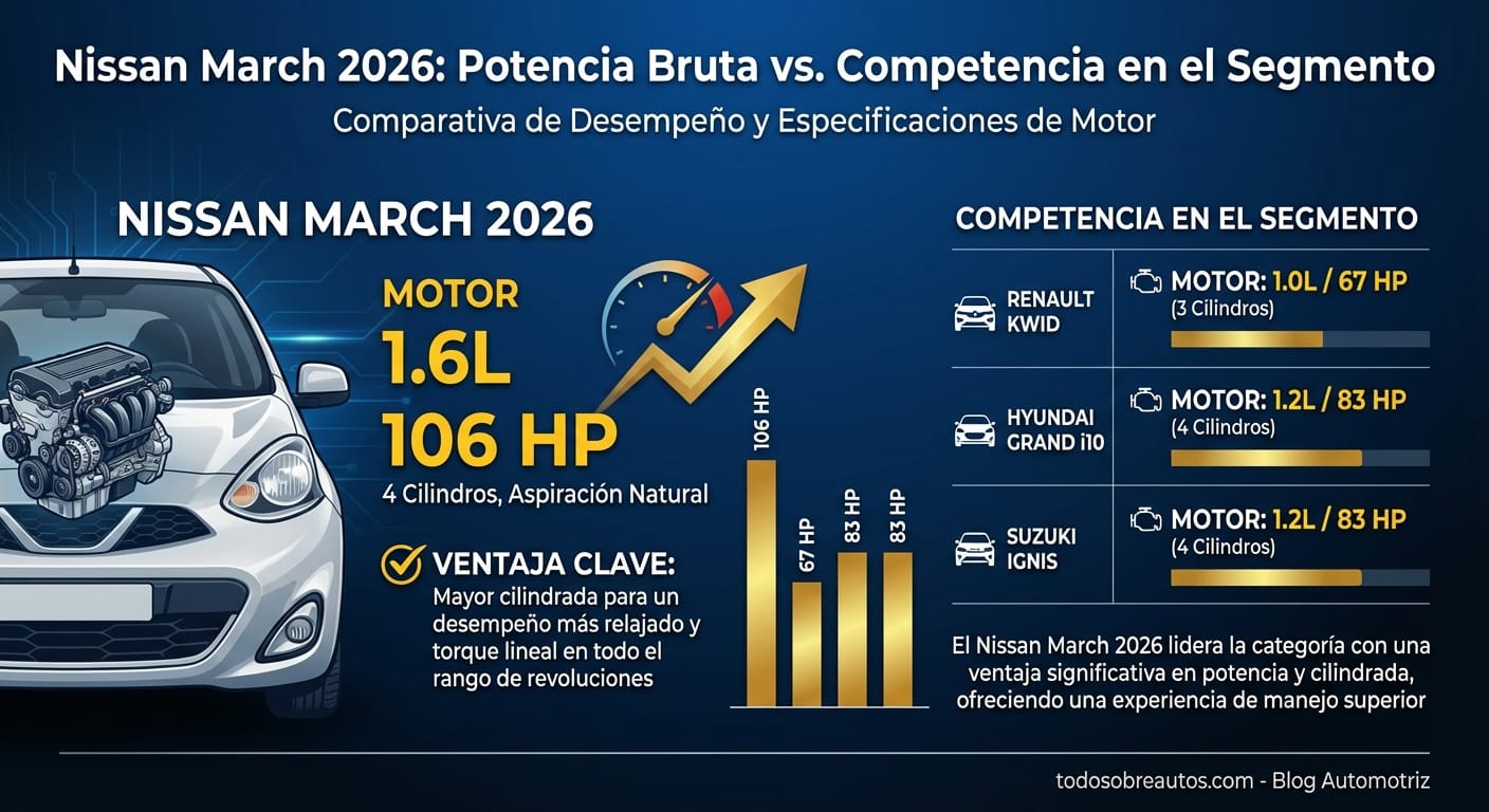 Infografía: Nissan March 2026: Potencia Bruta vs. Competencia en el Segmento