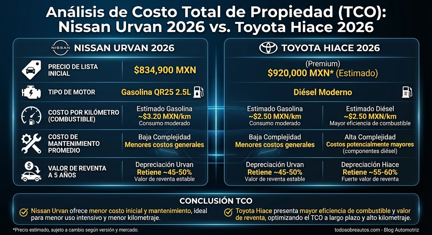 Infografía: Análisis de Costo Total de Propiedad (TCO): Nissan Urvan 2026 vs. Toyota Hiace 2026