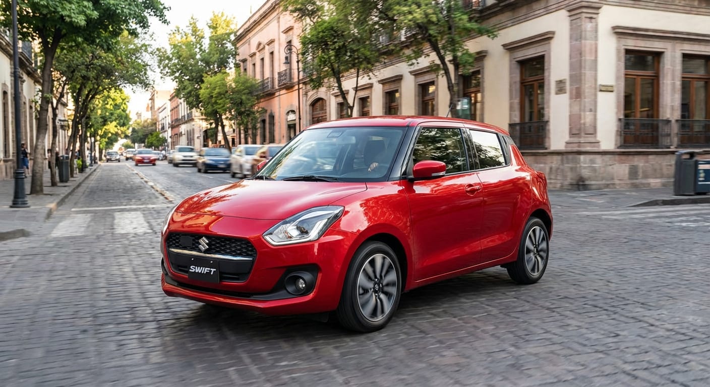 Suzuki Swift Boostergreen 2026, el rey urbano, circulando por calles de Guadalajara con su motor 1.0L turbo eficiente