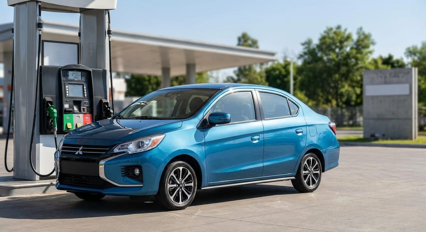 Mitsubishi Mirage G4 2026, el sedán anti-crisis, en estación de servicio mostrando precio de gasolina a 24 pesos por litro