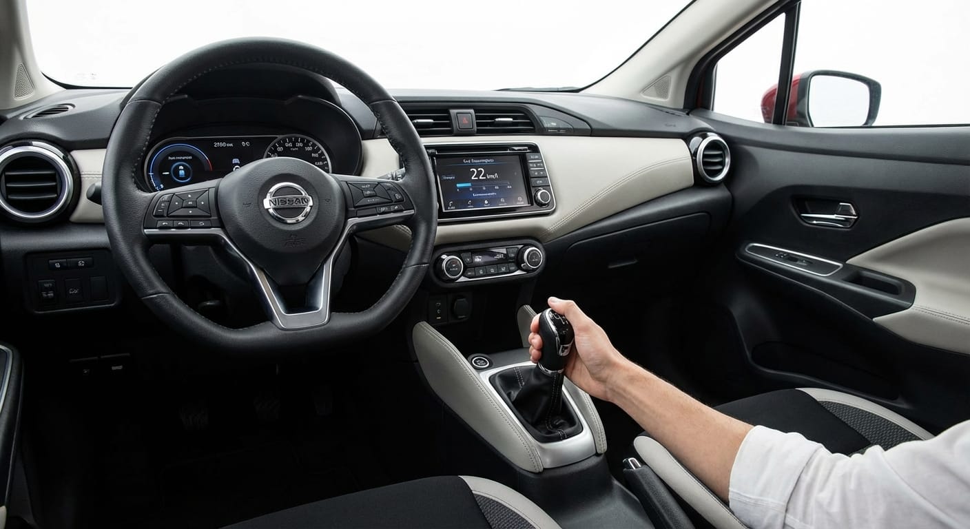 Interior del Nissan Versa 2026 con transmisión manual mostrando consumo de 22 km/l en el tablero