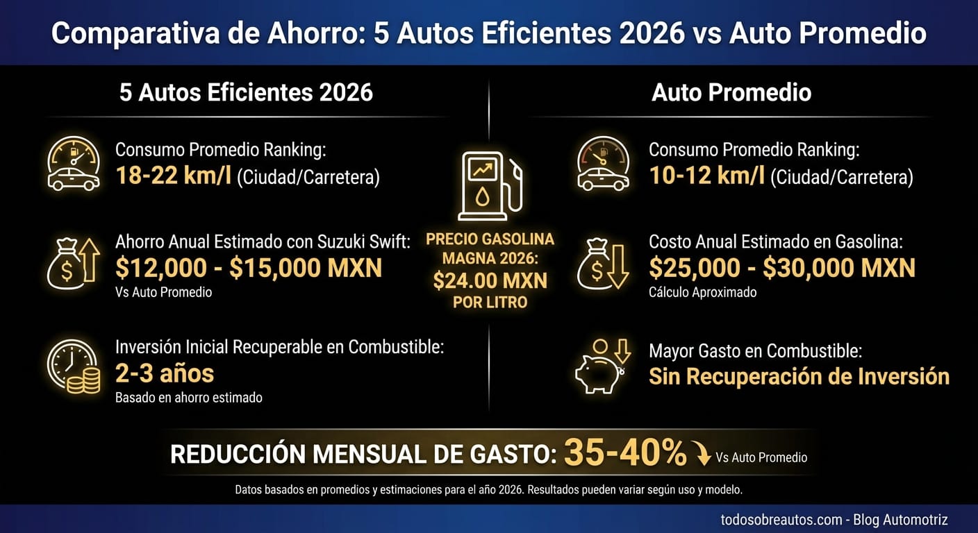 Infografía: Comparativa de Ahorro: 5 Autos Eficientes 2026 vs Auto Promedio