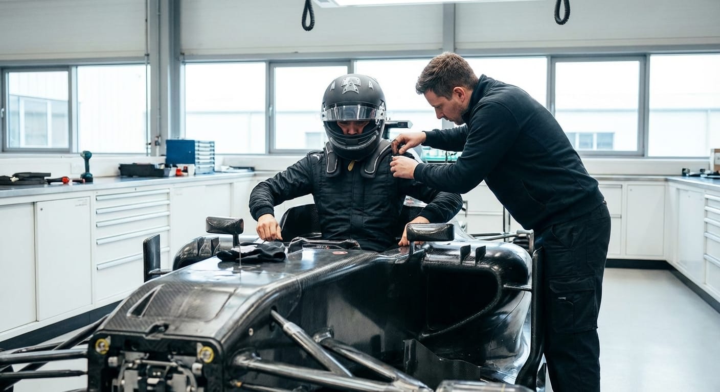 Piloto de F1 en proceso de ajuste de asiento (seat fit) en la fábrica de un nuevo equipo