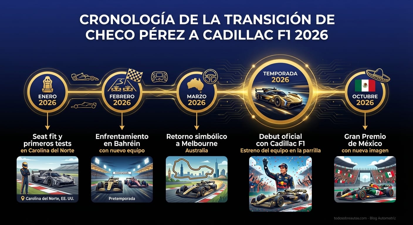 Infografía: Cronología de la Transición de Checo Pérez a Cadillac F1 2026