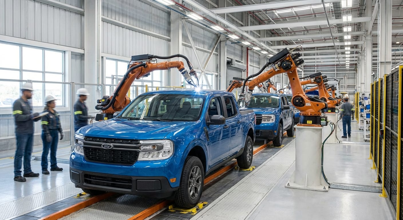 Línea de ensamblaje moderna en planta automotriz mexicana, mostrando la producción de camionetas Ford Maverick