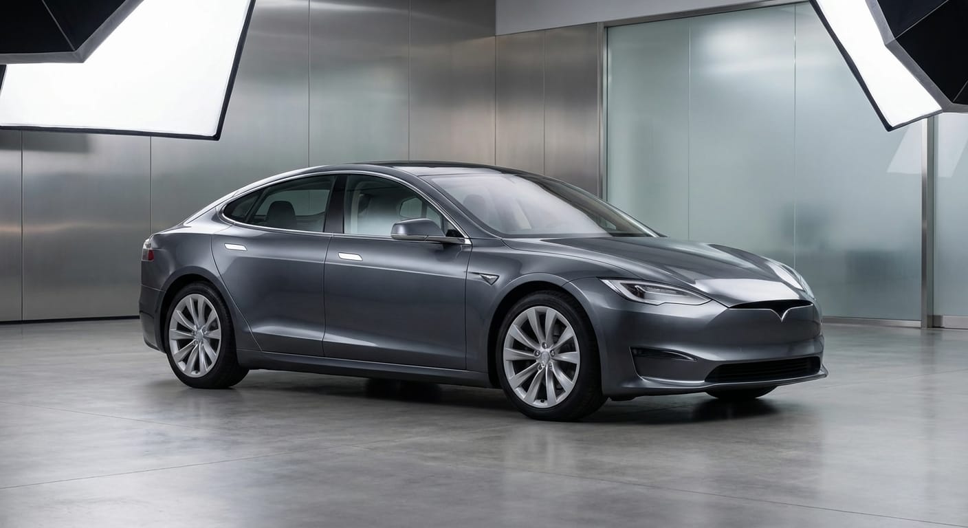 Diseño de sedán moderno en estudio gris, ilustrando la tendencia de alta tecnología y electrificación que define el estándar del mercado automotriz en 2026.