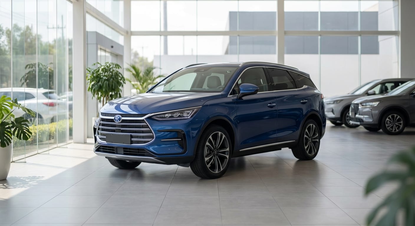 SUV azul BYD Tang en exhibición dentro de una agencia de autos moderna y bien iluminada, con otros vehículos al fondo.