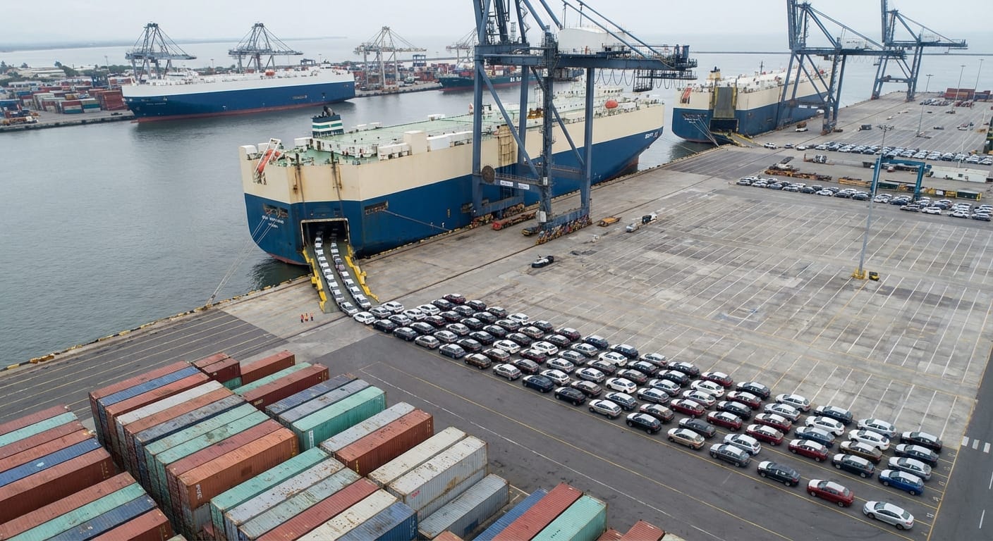 Vista aérea de puerto mexicano con vehículos importados listos como stock nacionalizado