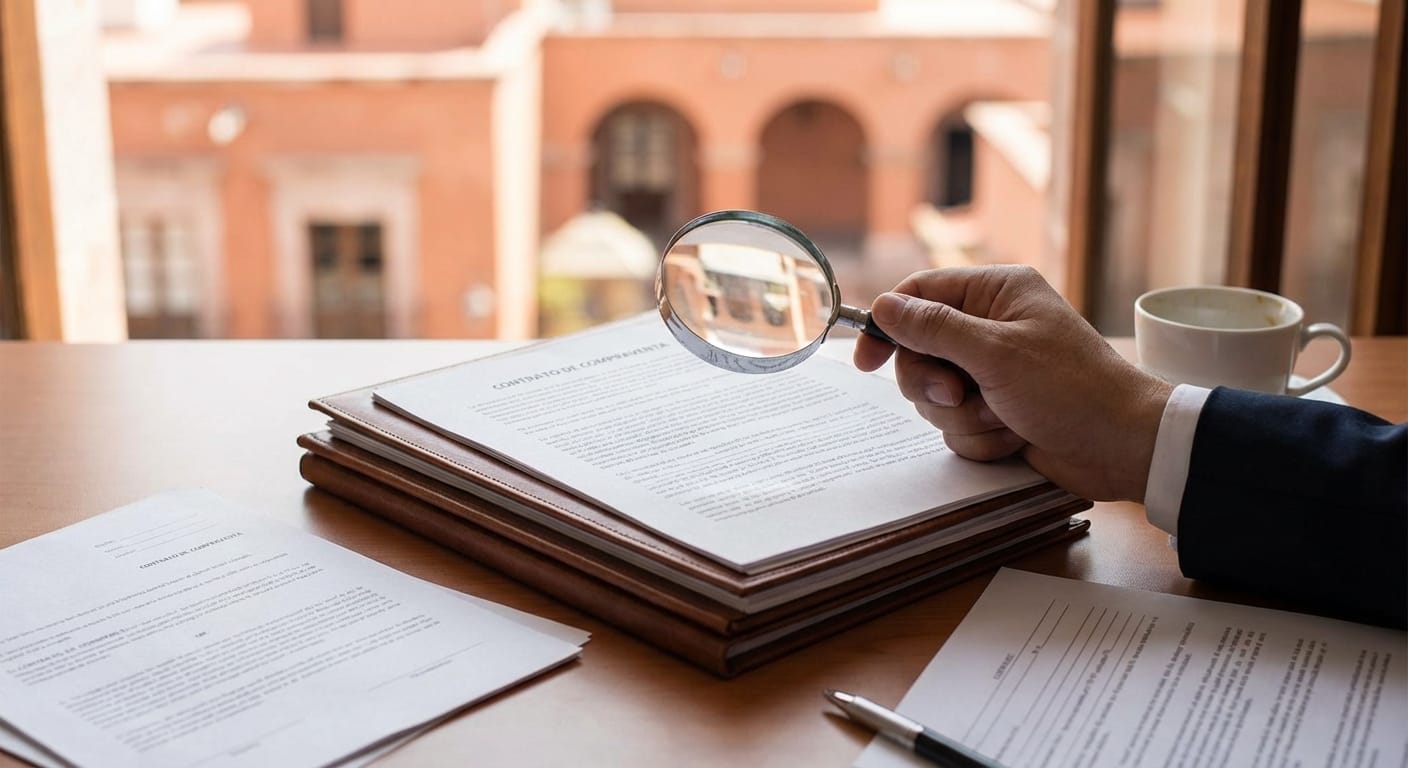 Detalle de letras chiquitas en contrato de adhesión para compra de auto con lupa resaltando cláusulas importantes