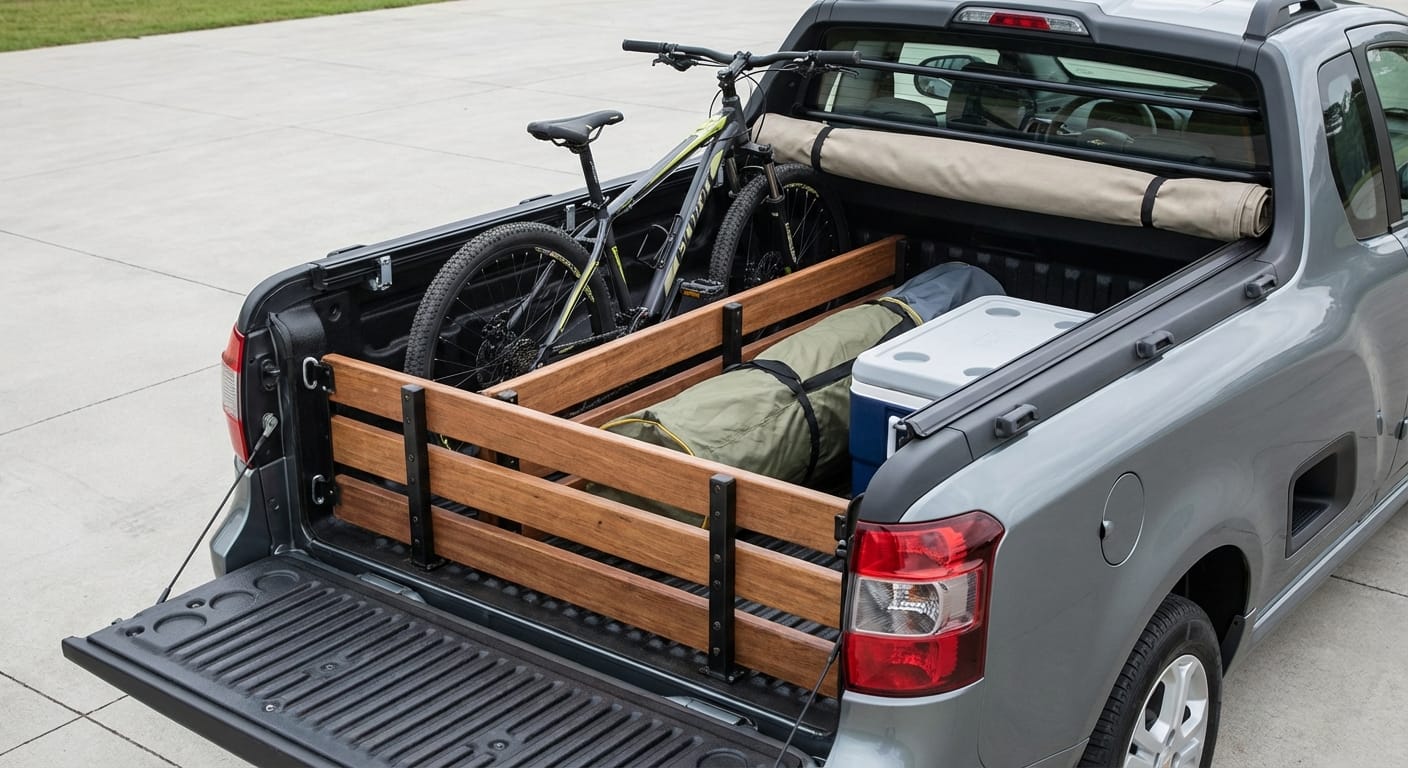Sistema de caja Multi-Flex de la Chevrolet Montana 2026, mostrando los divisores de madera, ganchos de amarre y capacidad de 874 litros con equipo de campamento