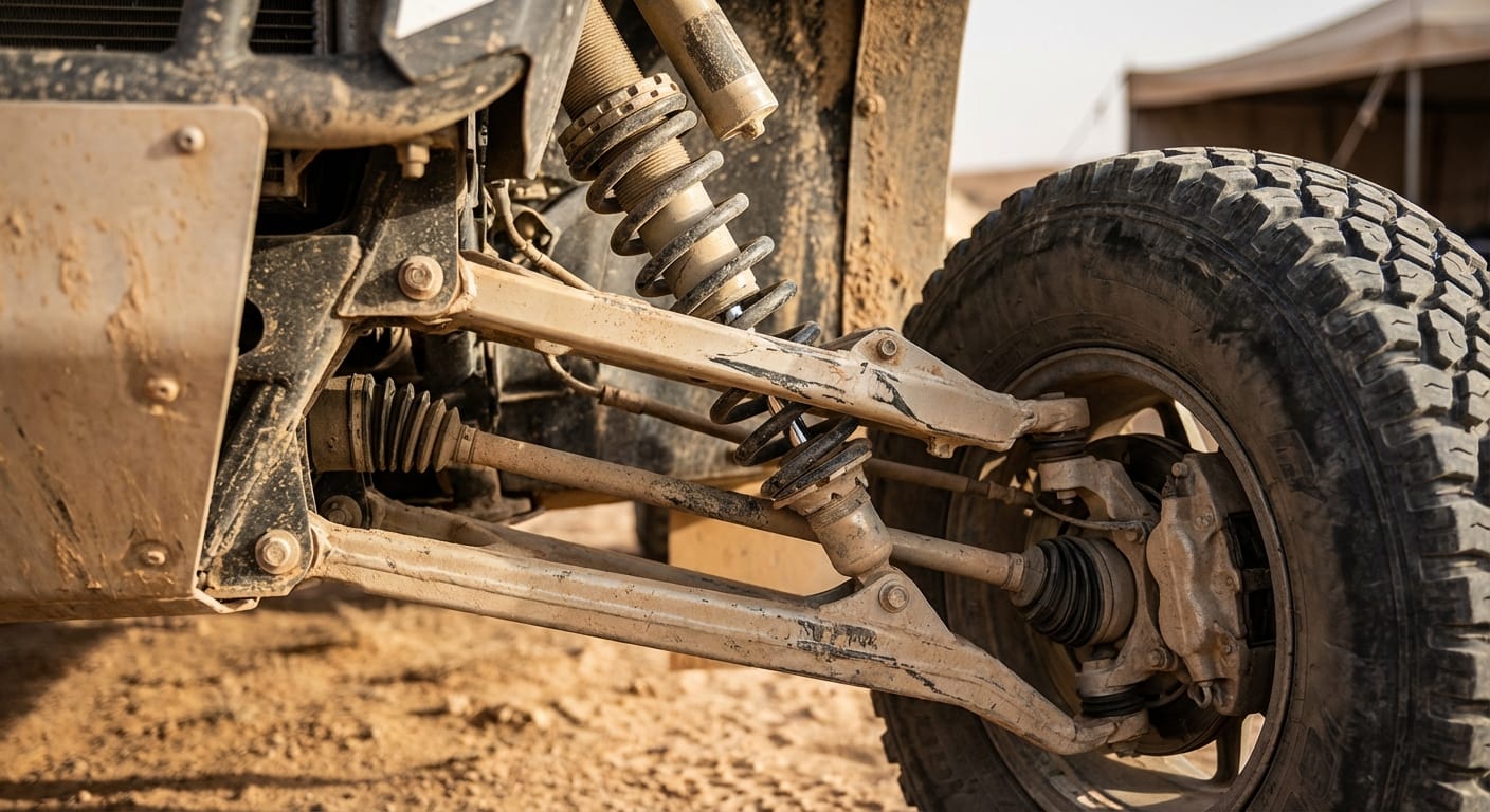 Detalle del desgaste en la suspensión delantera de un T1+ tras la etapa maratón