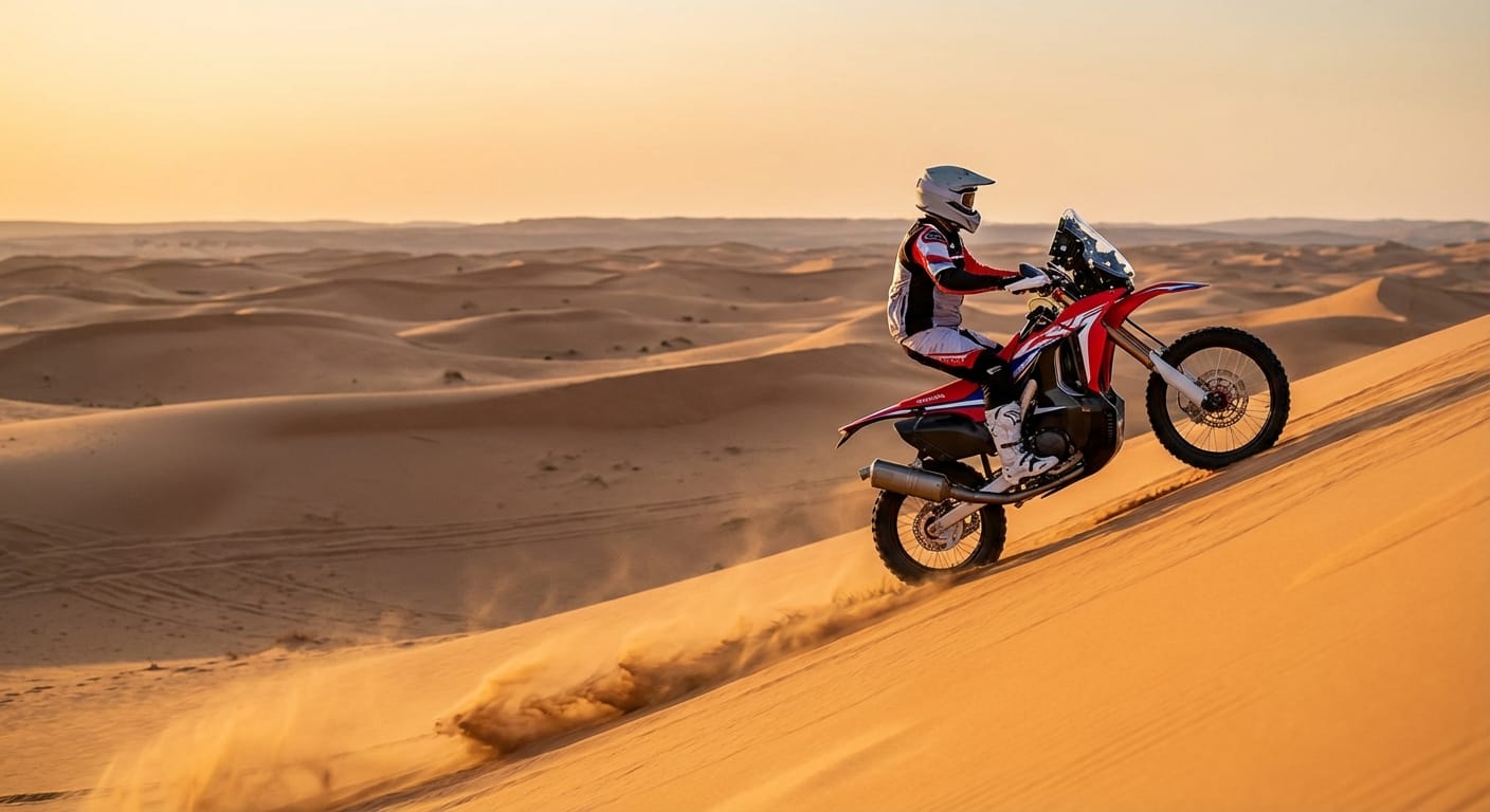 Piloto español Tosha Schareina en su Honda CRF 450 Rally ascendiendo una duna en el Dakar 2026