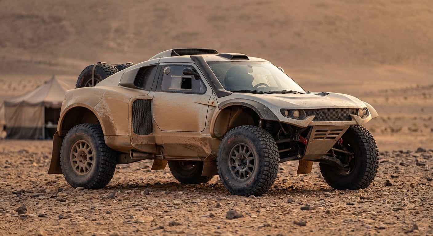 Vista de un prototipo de coche de rally categoría T1+ en el desierto, mostrando detalles de la suspensión elevada y neumáticos de competición para el Dakar 2026.
