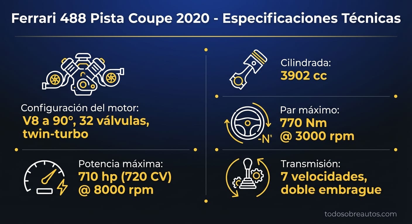 Infografía de especificaciones técnicas del Ferrari 488 Pista Coupe 2020