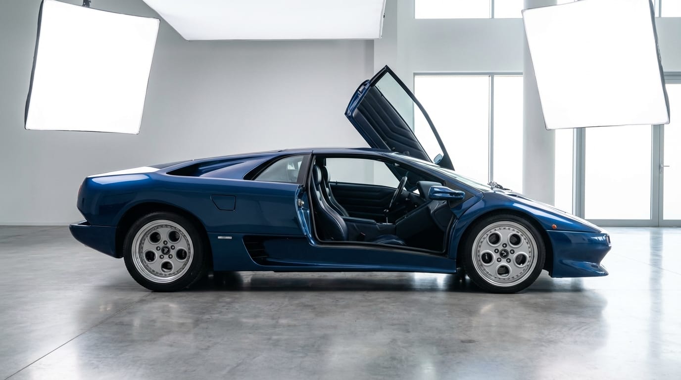 Lamborghini Diablo VT Coupé 1997 - Perfil lateral mostrando su diseño icónico y puertas de tijera