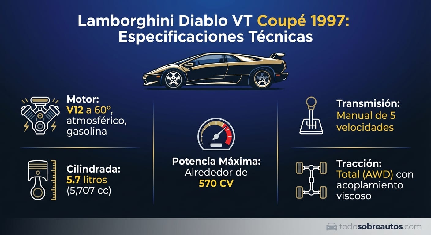 Infografía de especificaciones técnicas del Lamborghini Diablo VT Coupé 1997