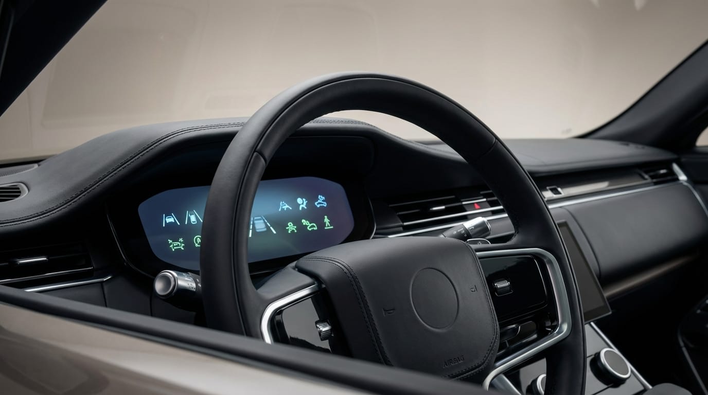 Detalle de características de seguridad en el interior de un automóvil moderno: volante y zona de airbag