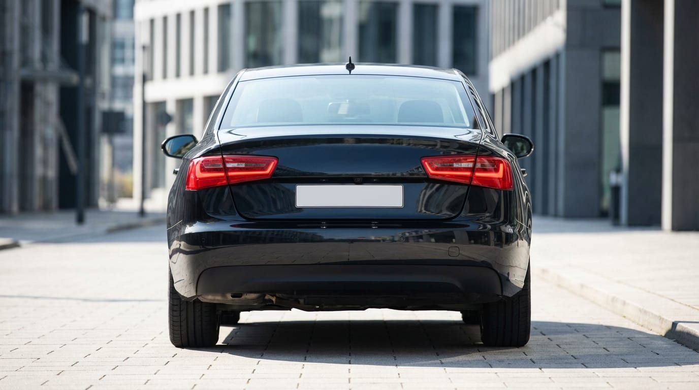 Vista trasera de un sedán moderno mostrando tecnología de seguridad como luces LED y sensores