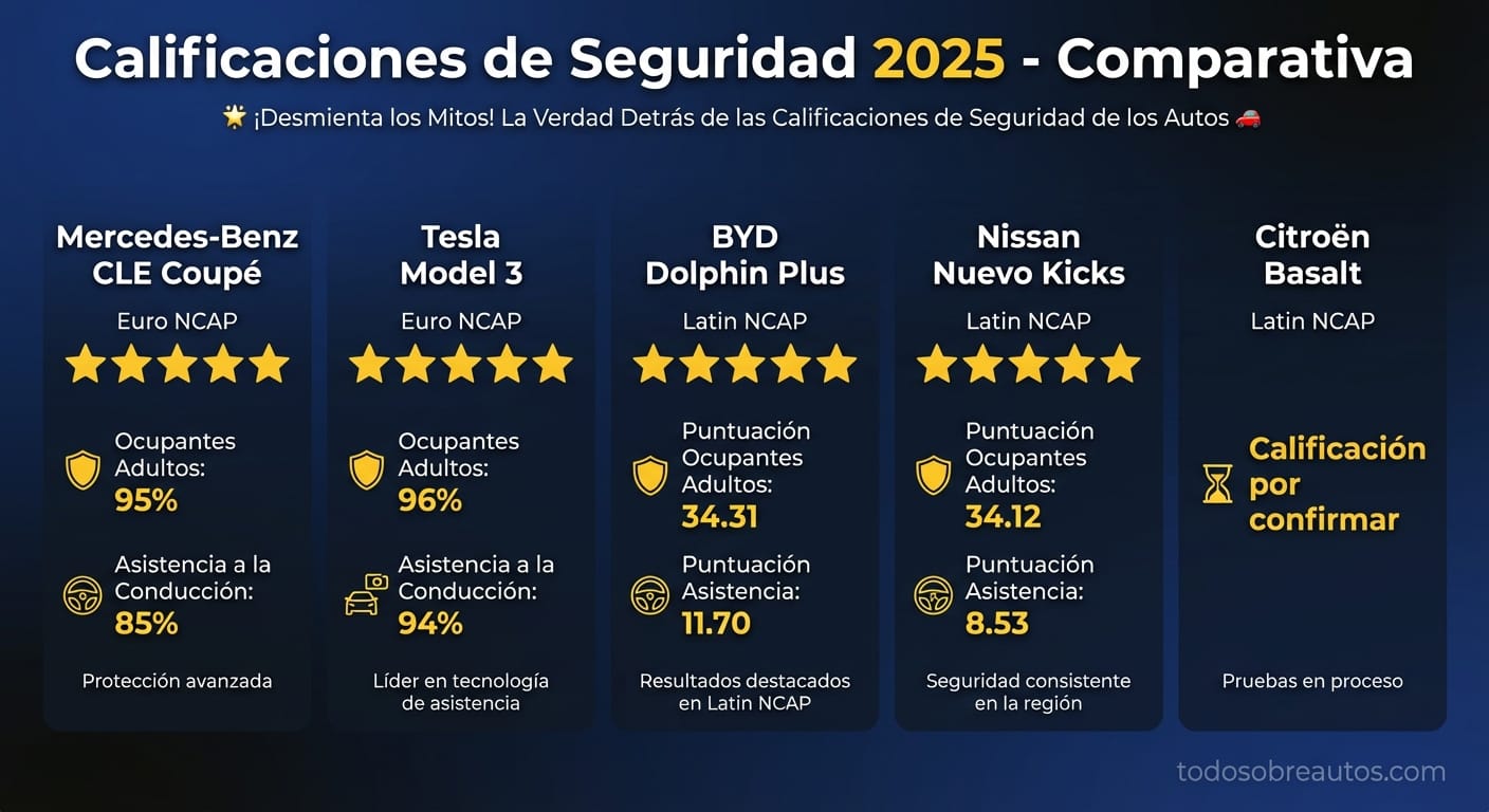 Infografía comparativa de calificaciones de seguridad Euro NCAP y Latin NCAP 2025