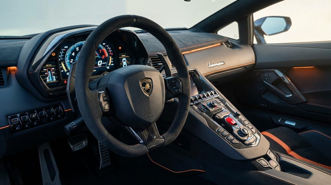 Lamborghini Aventador Ultimae - Interior tipo cabina de piloto con volante y cuadro digital