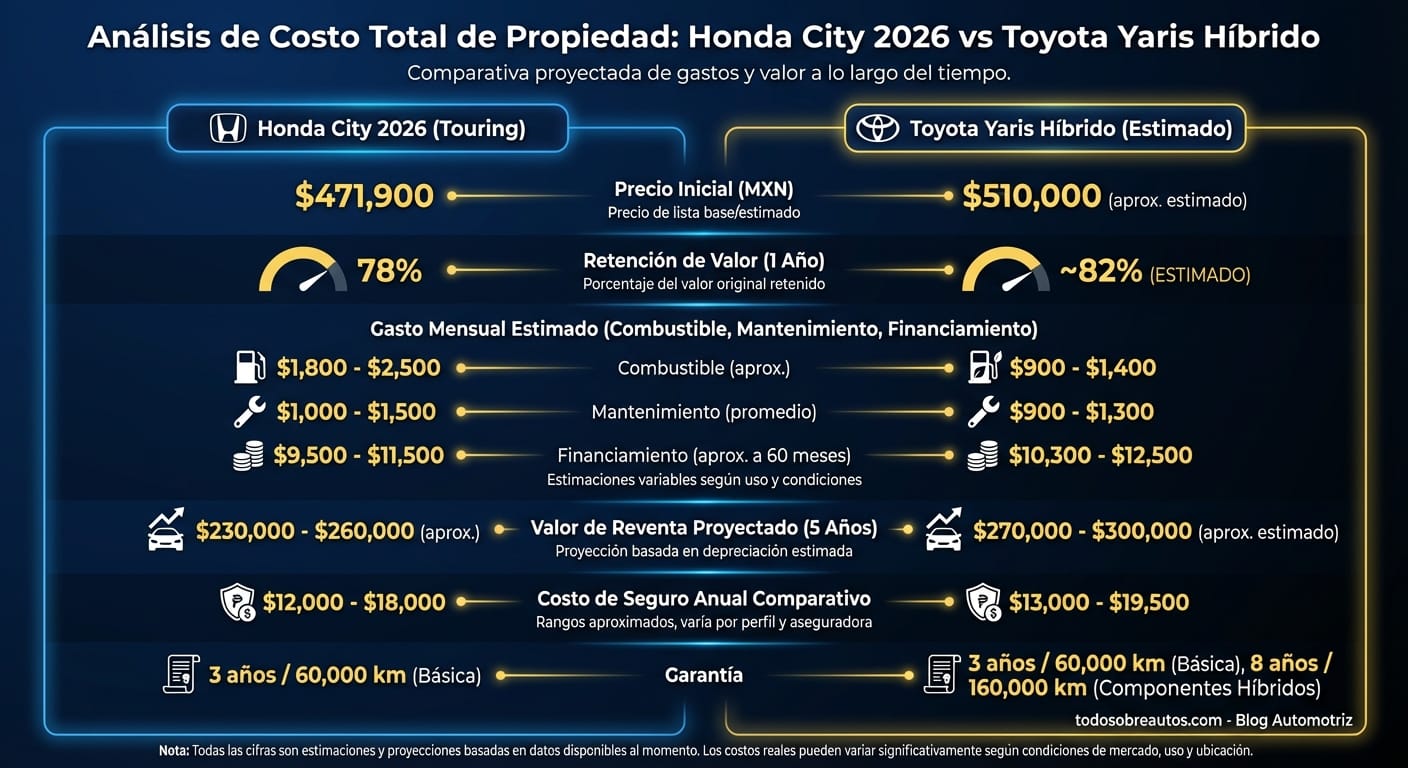 Infografía: Análisis de Costo Total de Propiedad: Honda City 2026 vs Toyota Yaris Híbrido