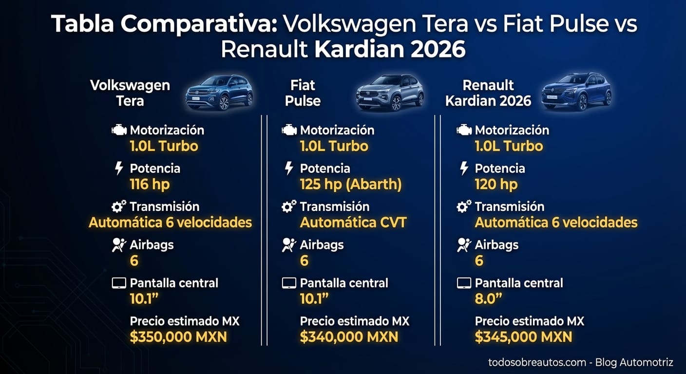 Infografía: Tabla Comparativa: Volkswagen Tera vs Fiat Pulse vs Renault Kardian 2026