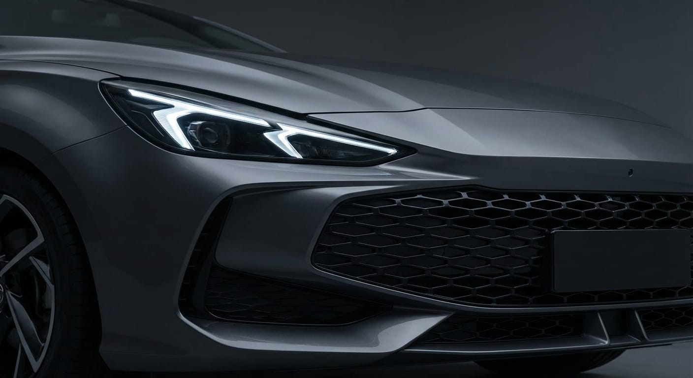 Detalle cercano de la nueva parrilla y faros del MG GT 2026, mostrando el patrón de malla oscura y la firma diurna LED en forma de garra