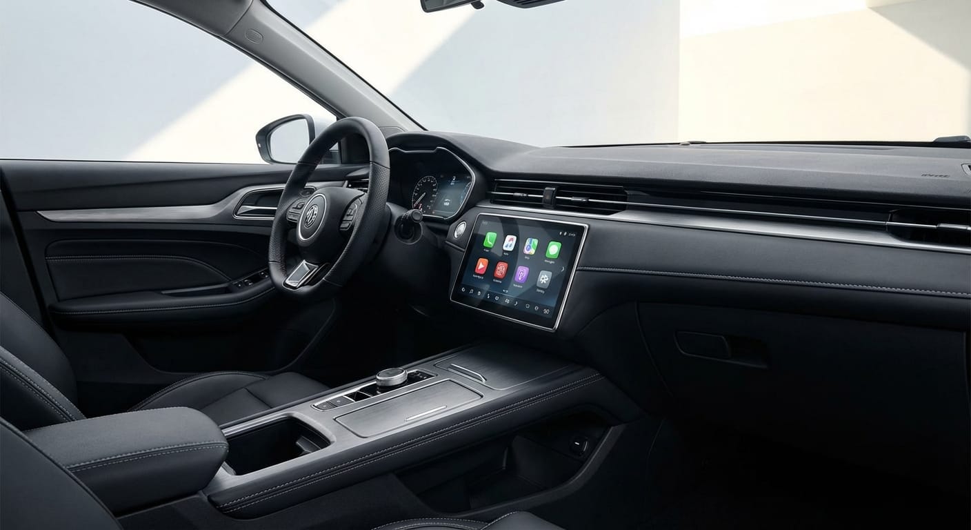 Interior del MG GT 2026 mostrando la nueva pantalla de infotenimiento y cluster digital con interfaz de usuario simplificada y moderna