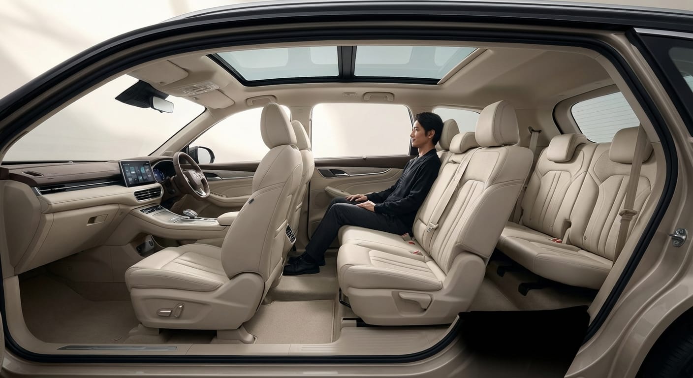 Interior de la MG RX9 2026 mostrando su configuración de 7 asientos, con un adulto sentado en la tercera fila para demostrar su habitabilidad.