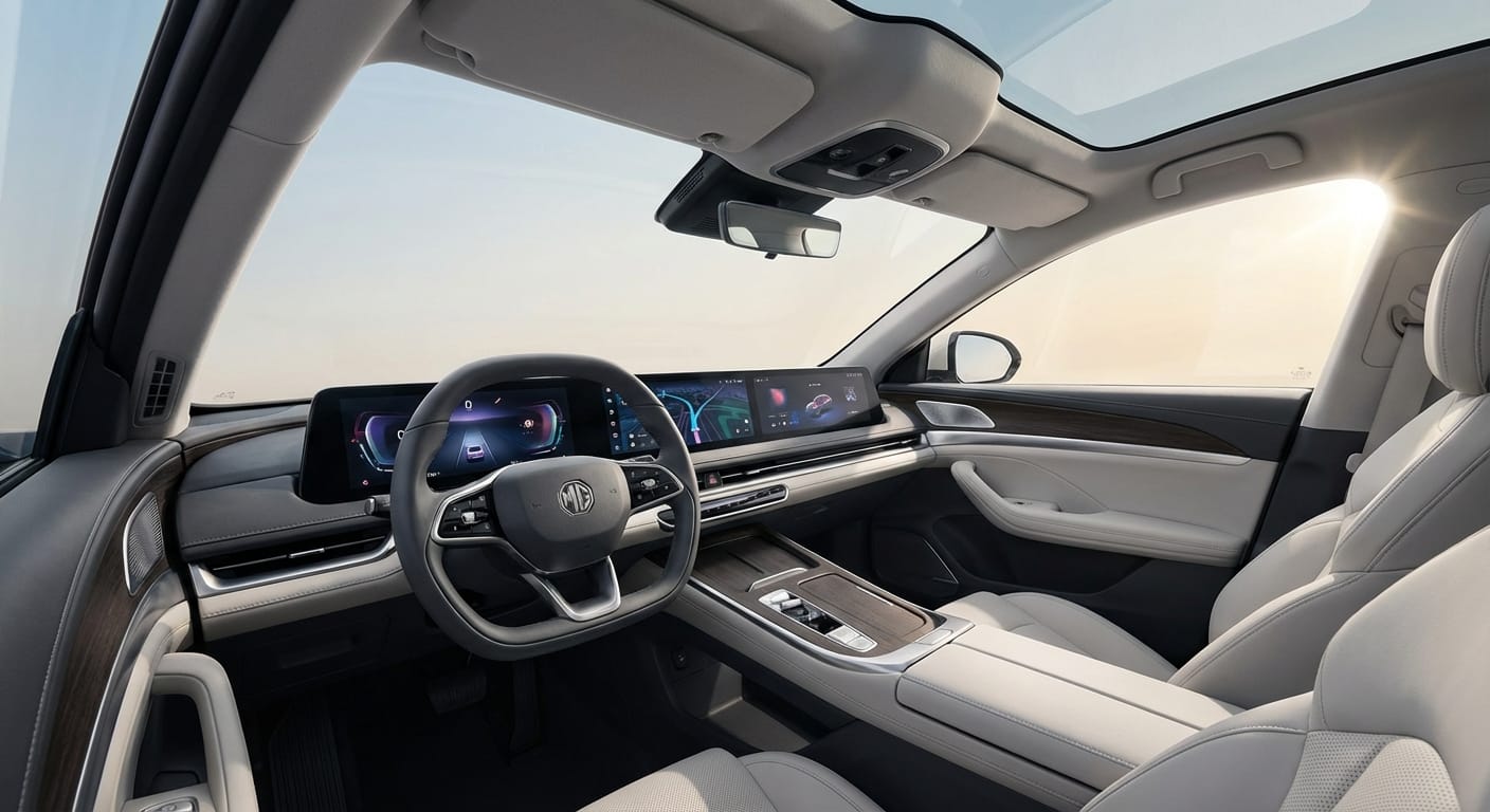 Interior del MG IM LS6 2026 mostrando volante Yoke y pantalla retráctil full-width
