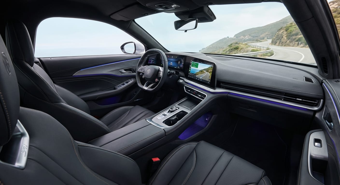 Interior tecnológico y conductor del MG Cyberster 2026, mostrando el cuadro de instrumentos digital curvo y pantalla táctil central