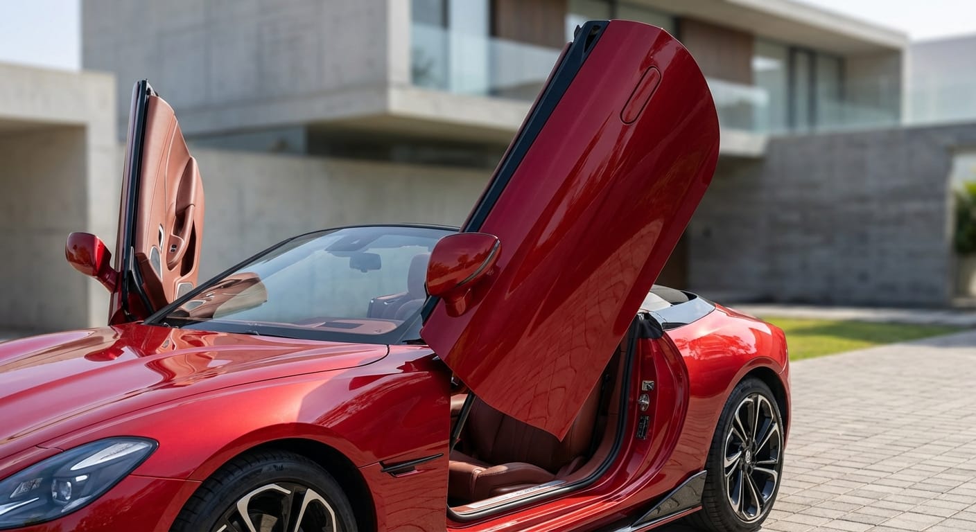 Primer plano de las puertas de tijera del MG Cyberster 2026 completamente abiertas, mostrando su mecanismo y apertura dramática