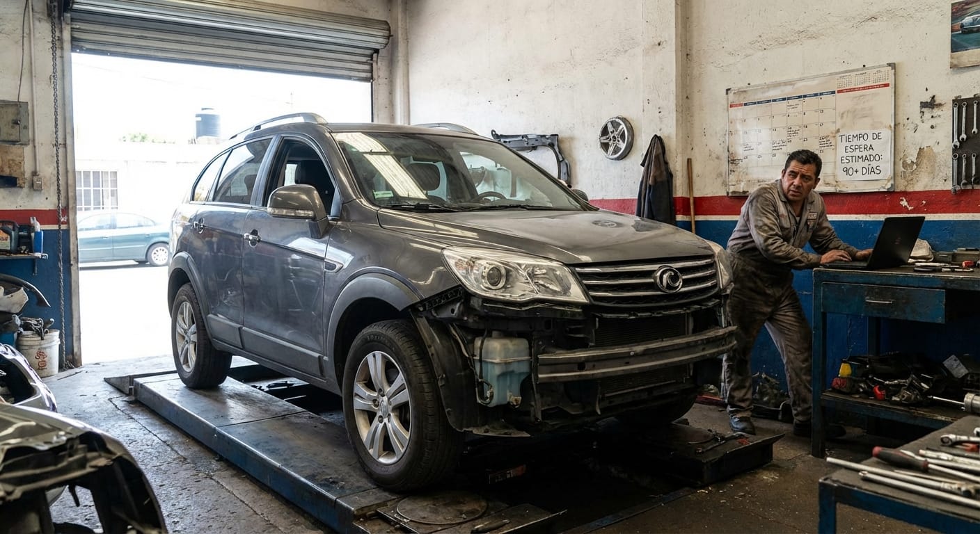 Auto chino parado en taller mexicano por falta de refacciones con mecánico frustrado