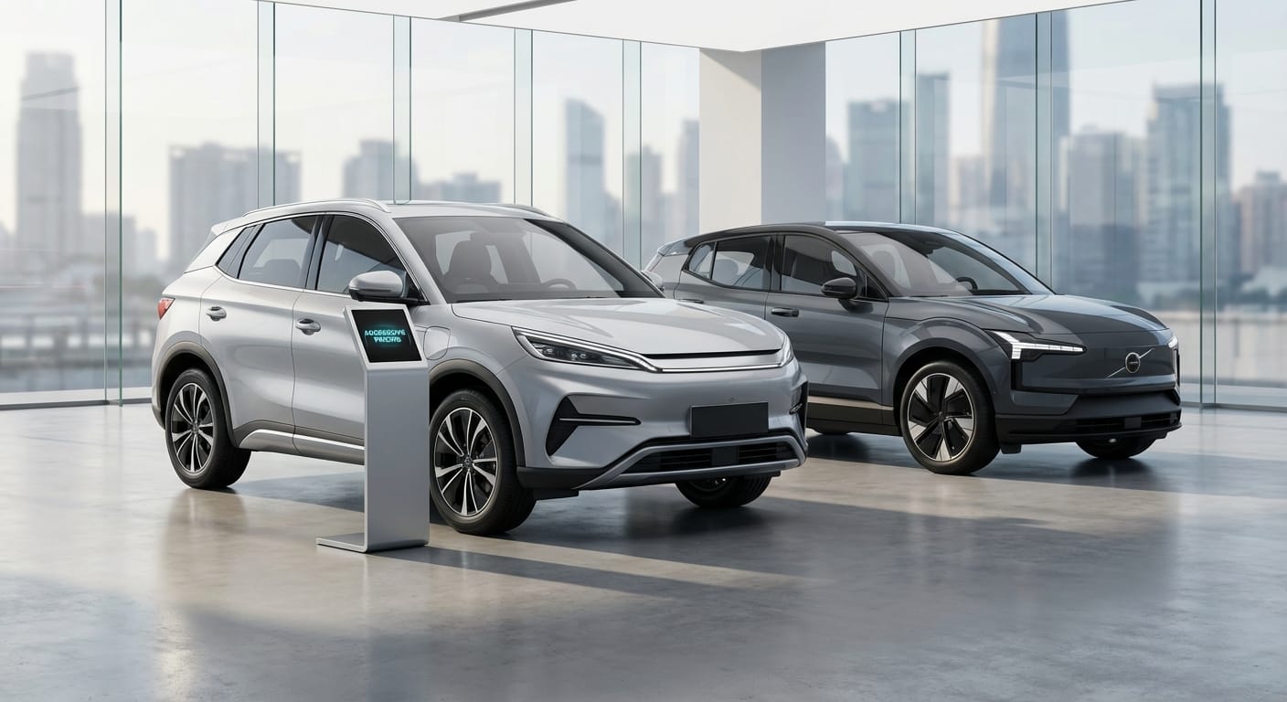 BYD Yuan Up 2026 en exhibición con etiqueta de precio proyectado, mostrando su diseño de SUV eléctico moderno