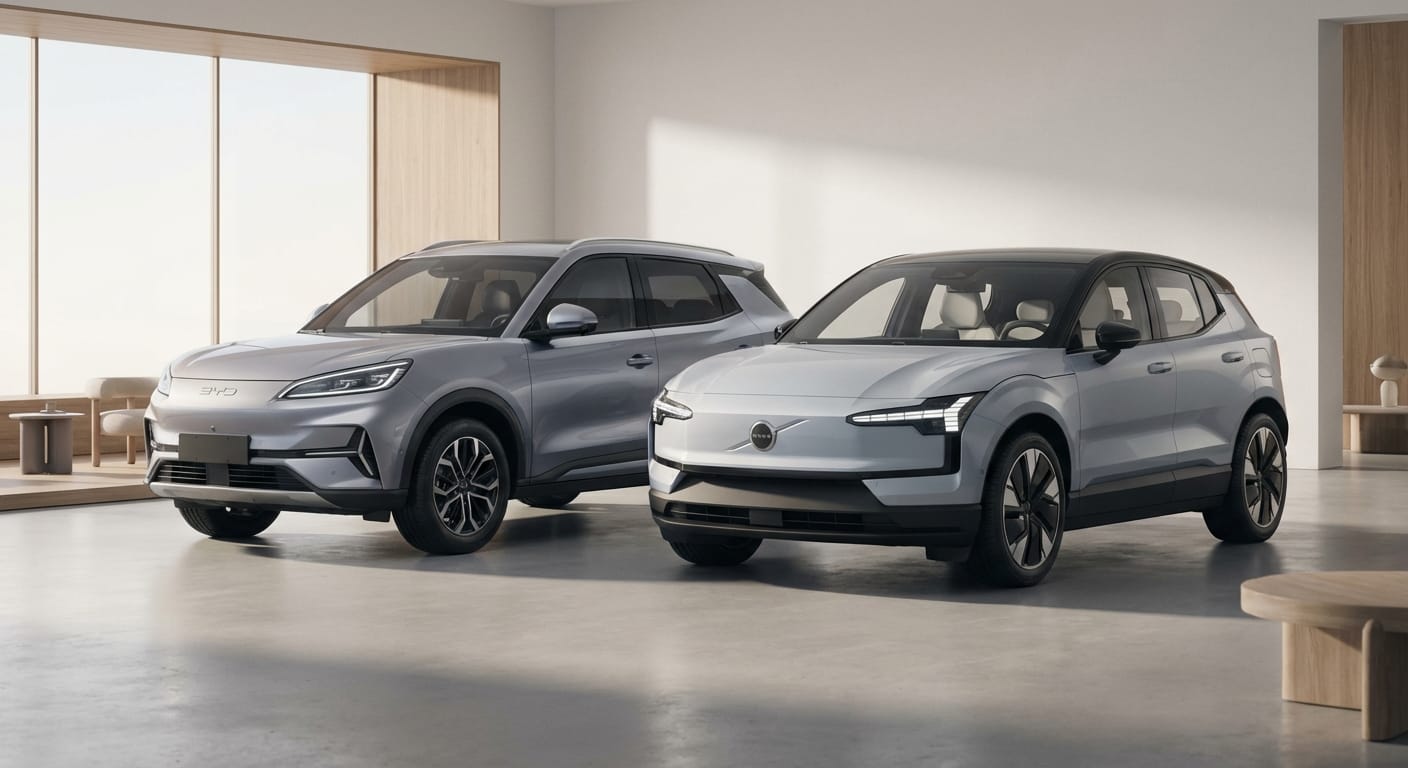 Volvo EX30 2026 en concesionario premium mostrando su diseño escandinavo y acabados de lujo