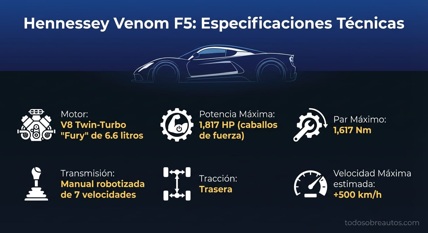 Infografía de especificaciones técnicas del Hennessey Venom F5