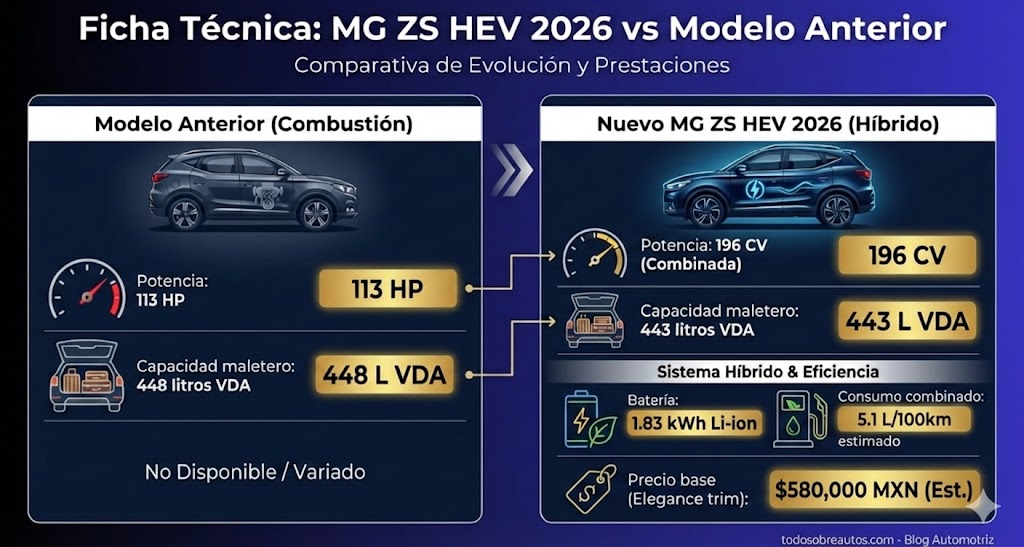 Infografía: Ficha Técnica: MG ZS HEV 2026 vs Modelo Anterior